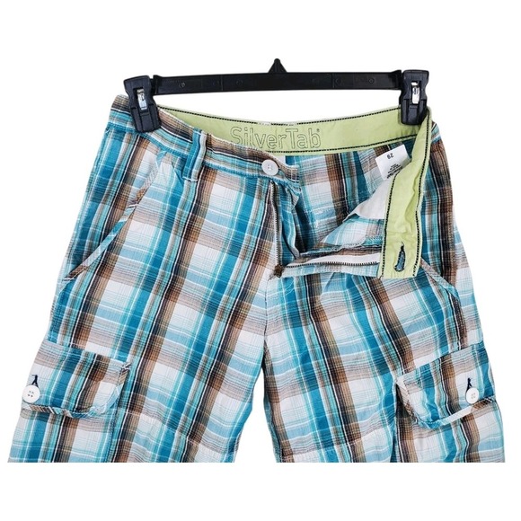 Vtg SilverTab Levis Cargo Plaid Jort Shorts Mens 29x14 Blue White India Madras - Picture 5 of 9
